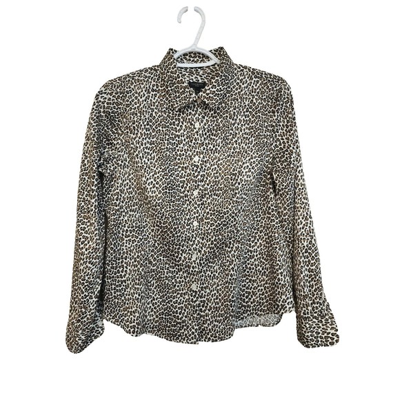 Talbots Tops - Talbots Women Stretch Cotton-Blend Shirt Button-Up White Brown Leopard Print 12P